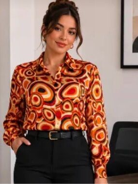 NWT- Retro Orange Patterned Button-Up Blouse - Women Tops